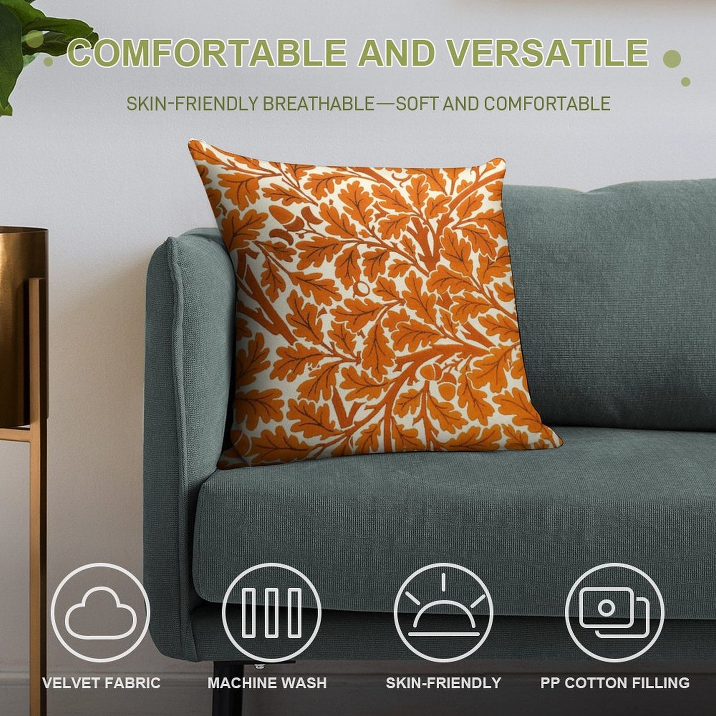 William Morris Oak Leaves, Rust Orange And Cream Soft Home Decor Throw Pillow