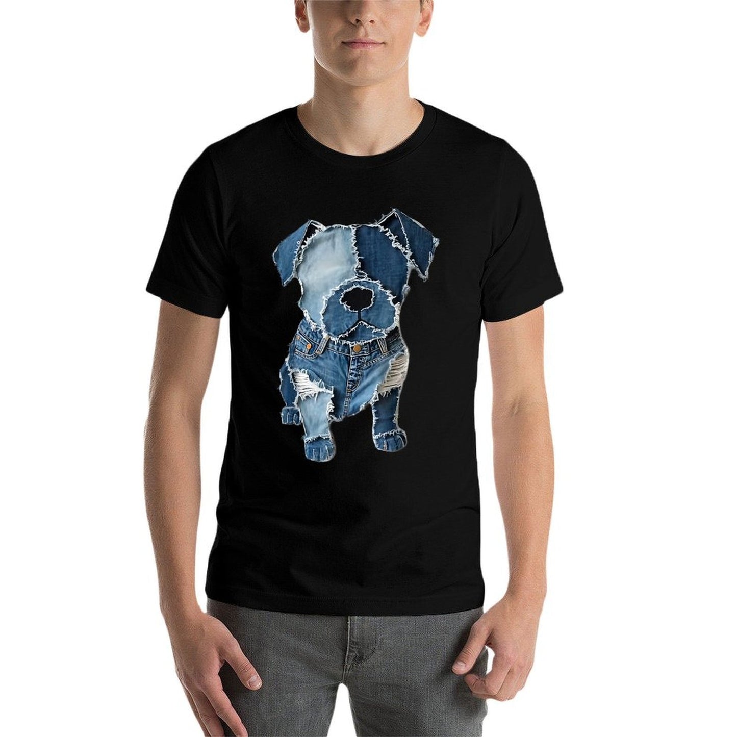 Dog Pattern Denim Patchwork Art Fade-proof Color T-Shirt