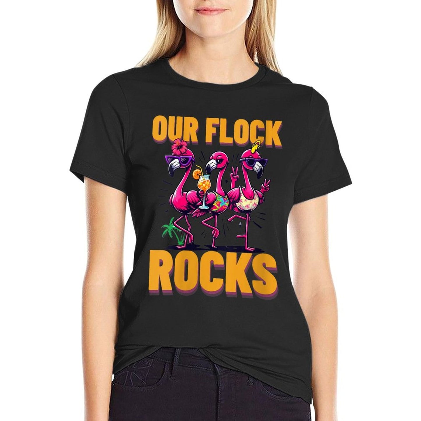 Womens Our Flock Rocks Flamingo Summer Vacation Family Matching Affordable Price T-Shirt