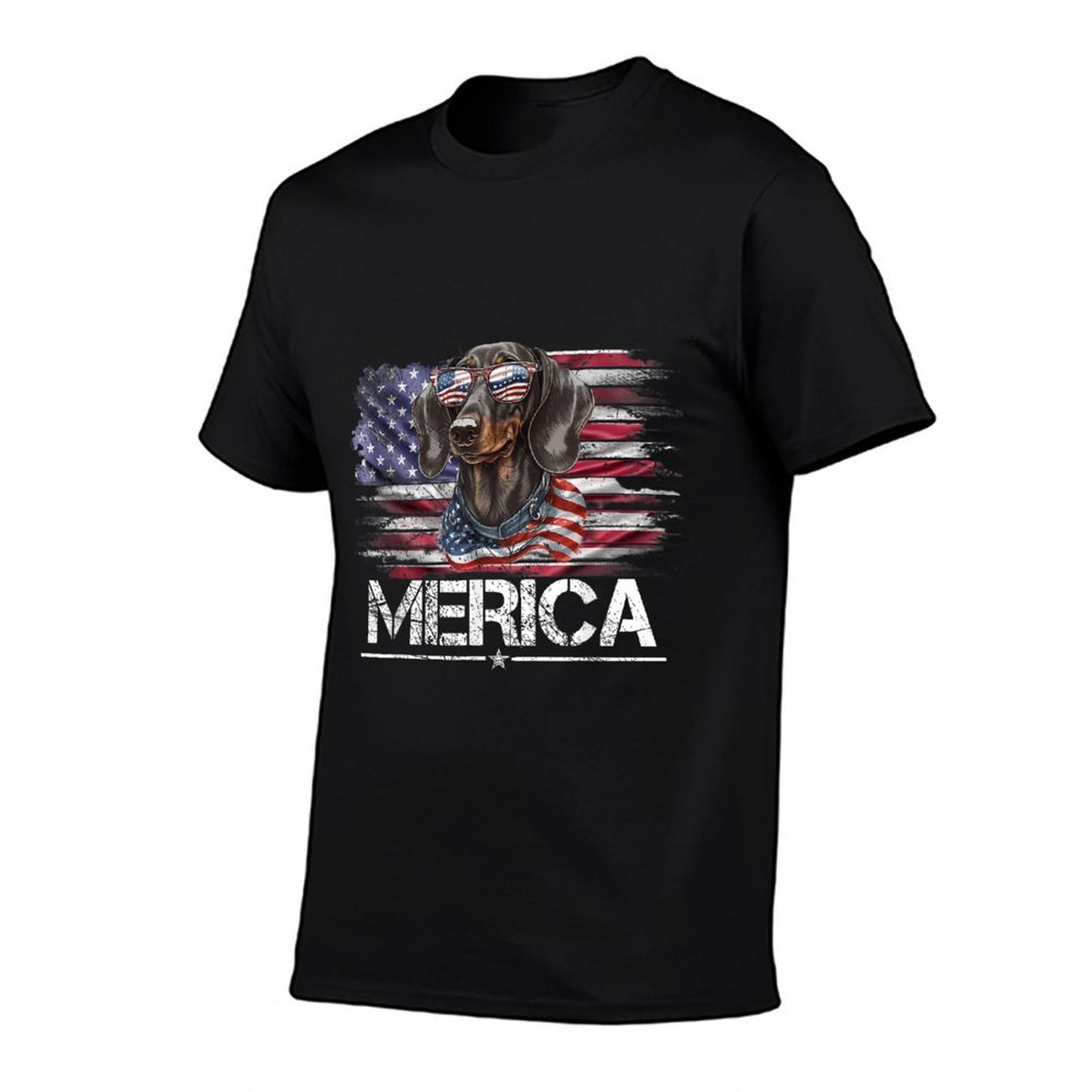 Vintage Dachshund Dog, Merica Weiner Dog USA Funny Ribbed Collar T-Shirt