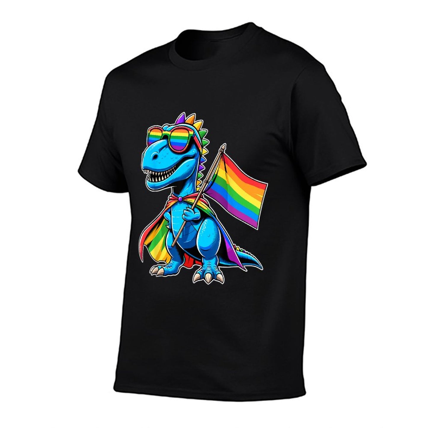 Dinosaur Gay Pride LGBT Rainbow Ribbed Collar T-Shirt