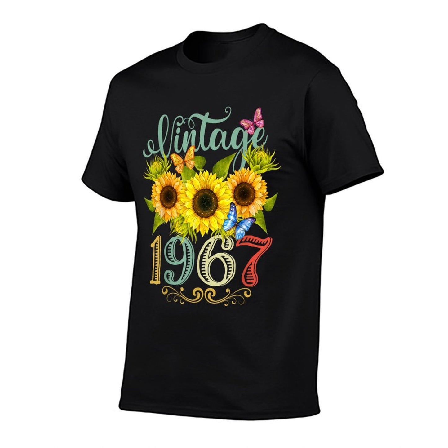 Sunflower Floral Butterfly Vintage 1967 Funny 58th Birthday Heathered Texture T-Shirt