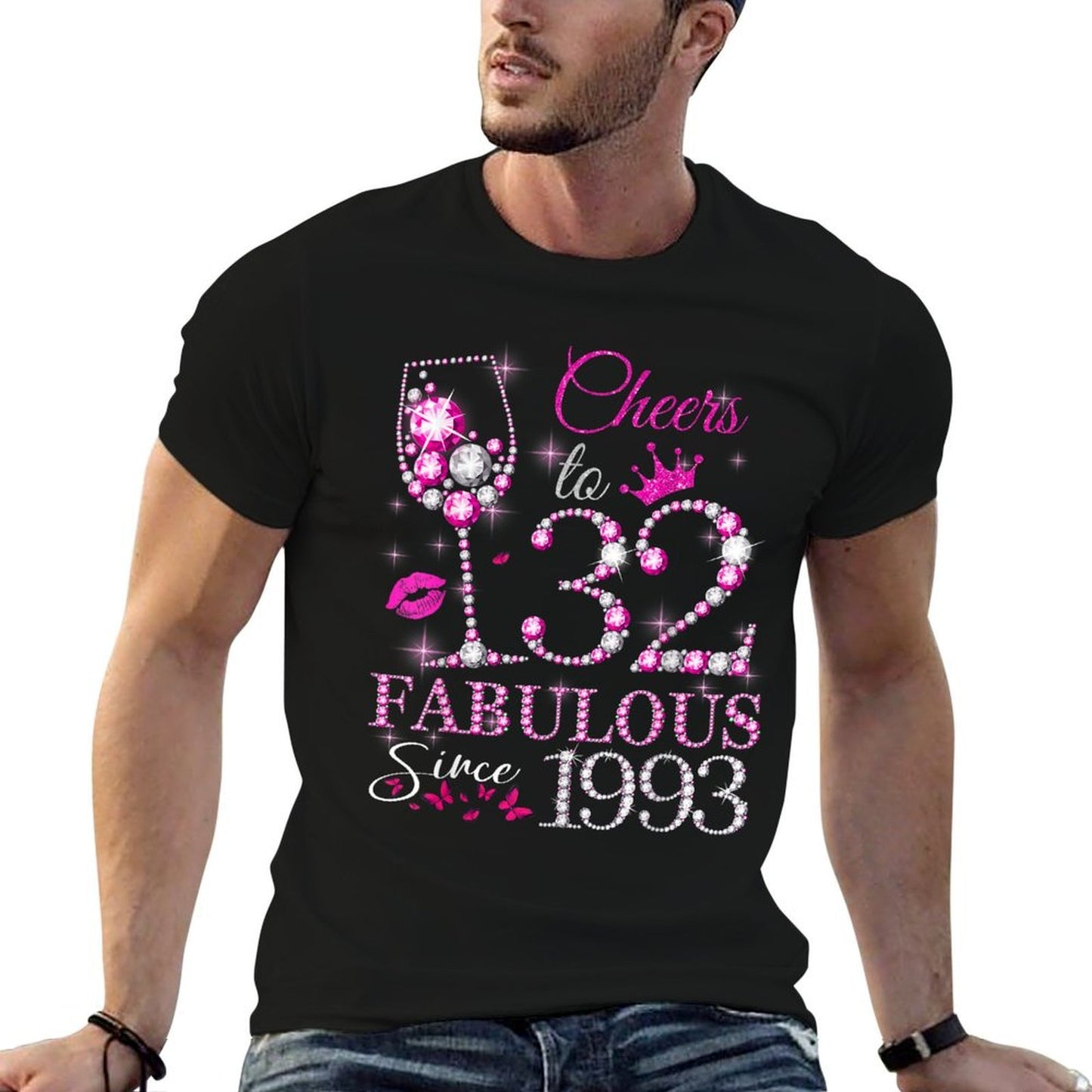 Womens Cheers to 32 Years Old EST 1993 32nd Birthday Queen Trendy Pattern T-Shirt