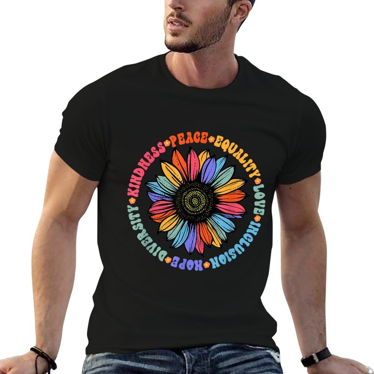 World Peace Supporter Sunflower Floral Outfit Kindness Peace Equality Love Hope Diversity Human Rights Black Floral Sunflower Pa Polyester Blend T-Shirt