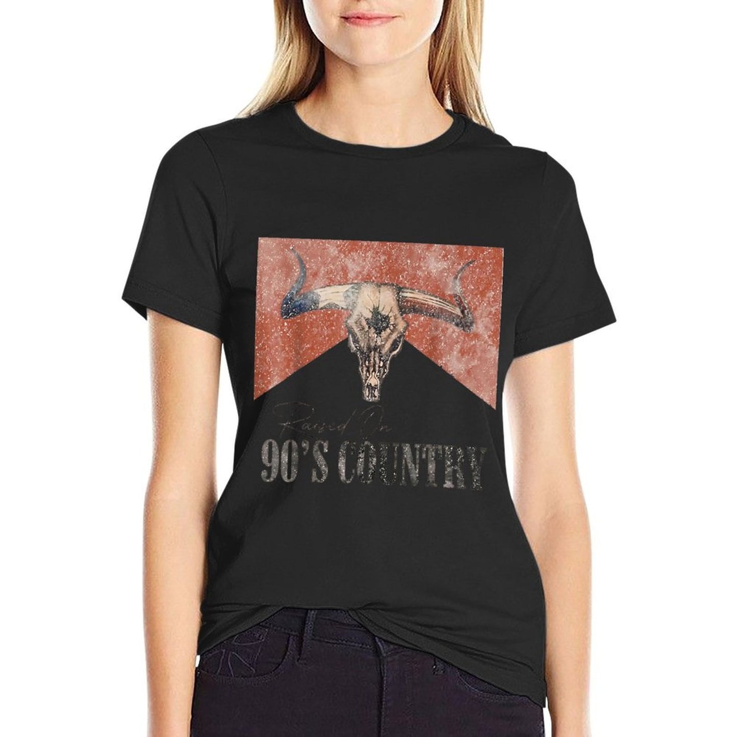 Vintage Western Bull Skull Raised On 90's Country Music Tagless Design T-Shirt