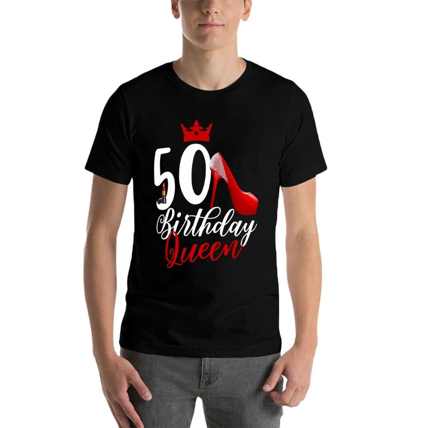 Funny 50th Birthday 50 Birthday Queen Lipstick Stilettos Ribbed Collar T-Shirt