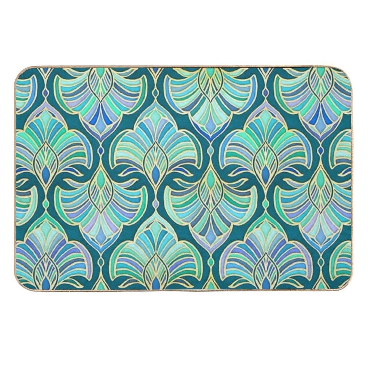 Dark Teal, Emerald And Blue Art Deco Fans High-Traffic Bath Mat