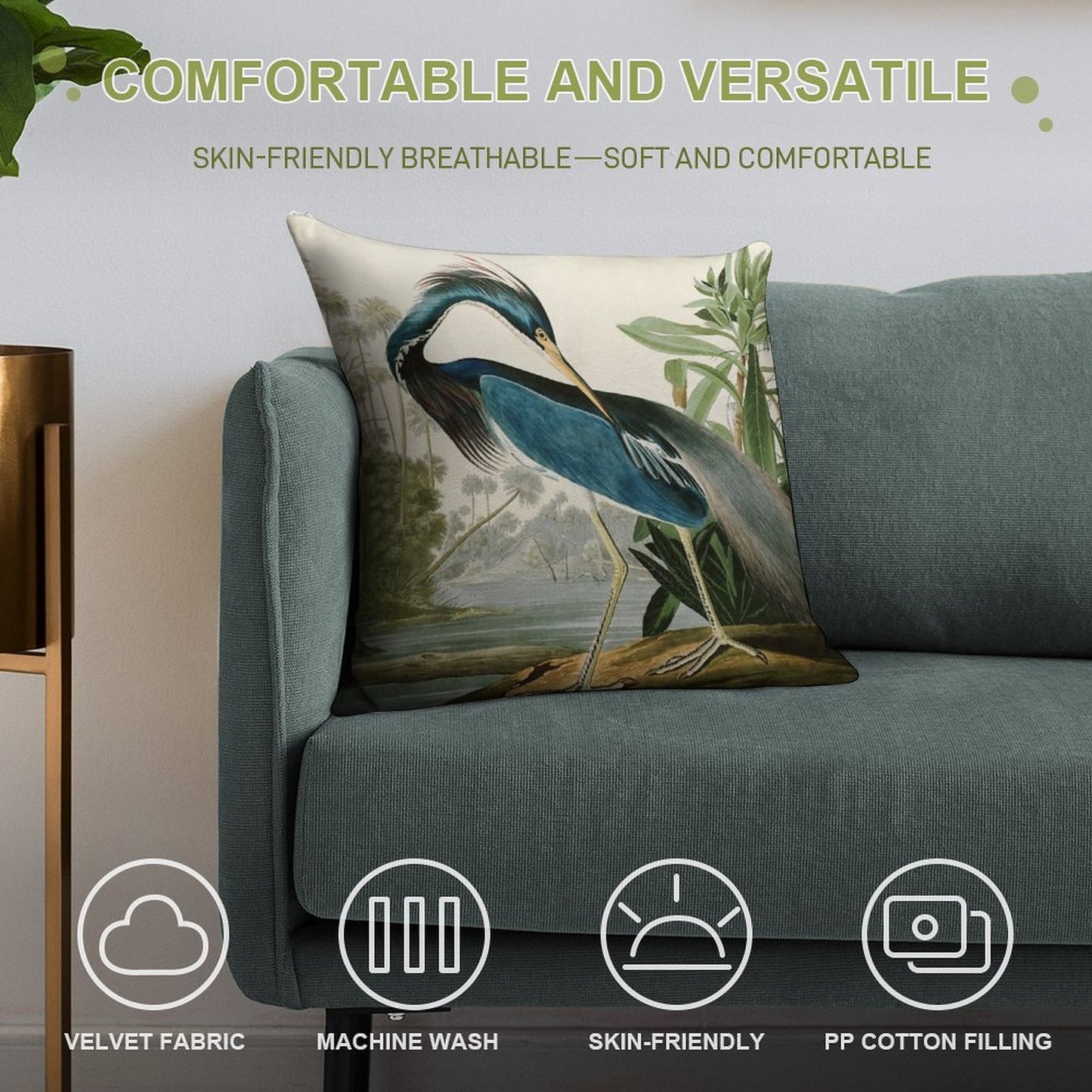 Louisiana Heron by John James Audubon Soft Short Plush Fabric Throw Pillow