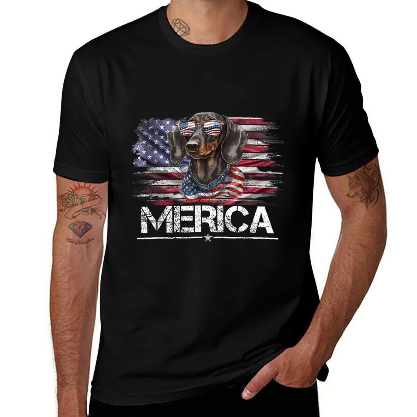 Vintage Dachshund Dog, Merica Weiner Dog USA Funny Ribbed Collar T-Shirt