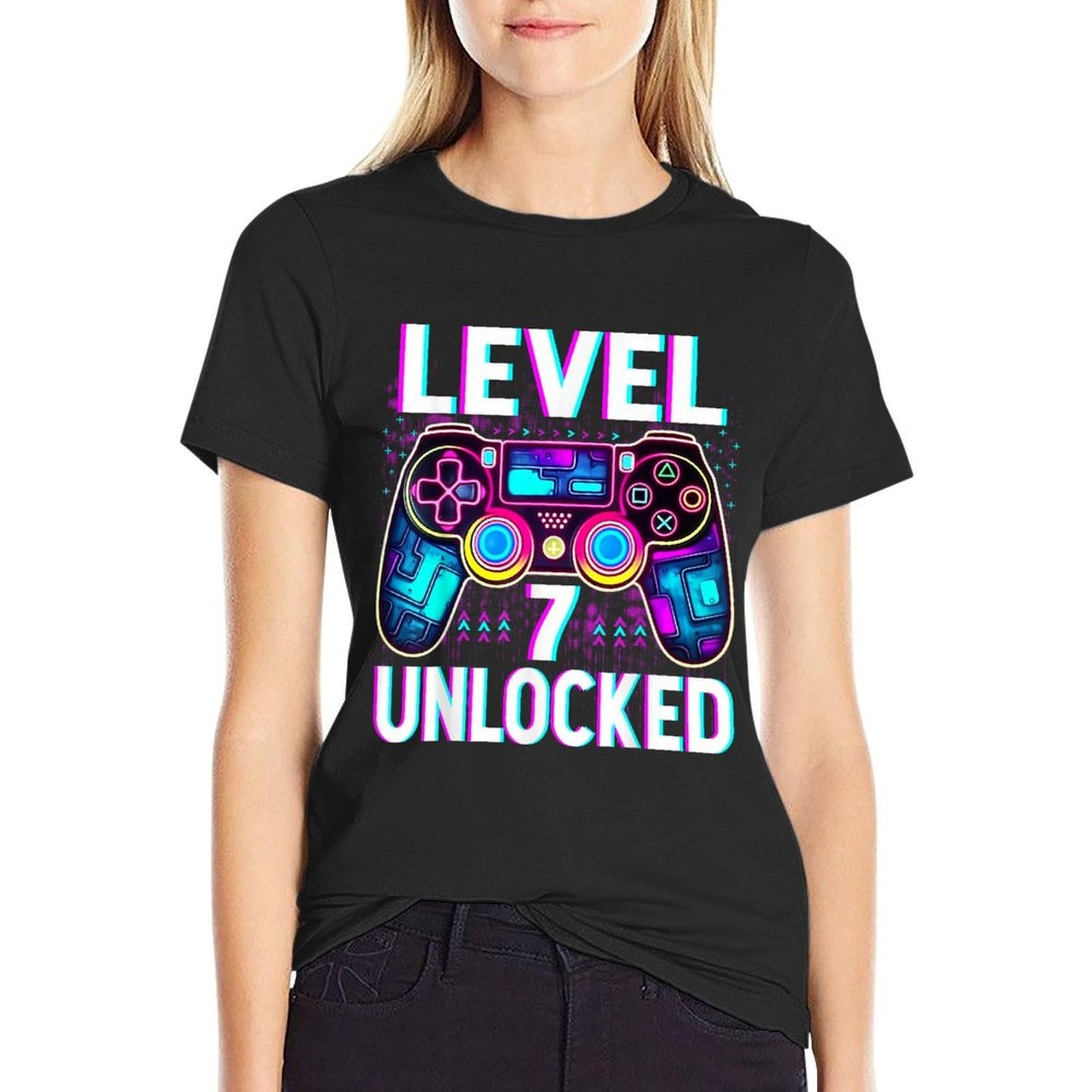Level 7 Unlocked Funny Video Gamer Geek 7th Birthday Rolled Sleeves T-Shirt