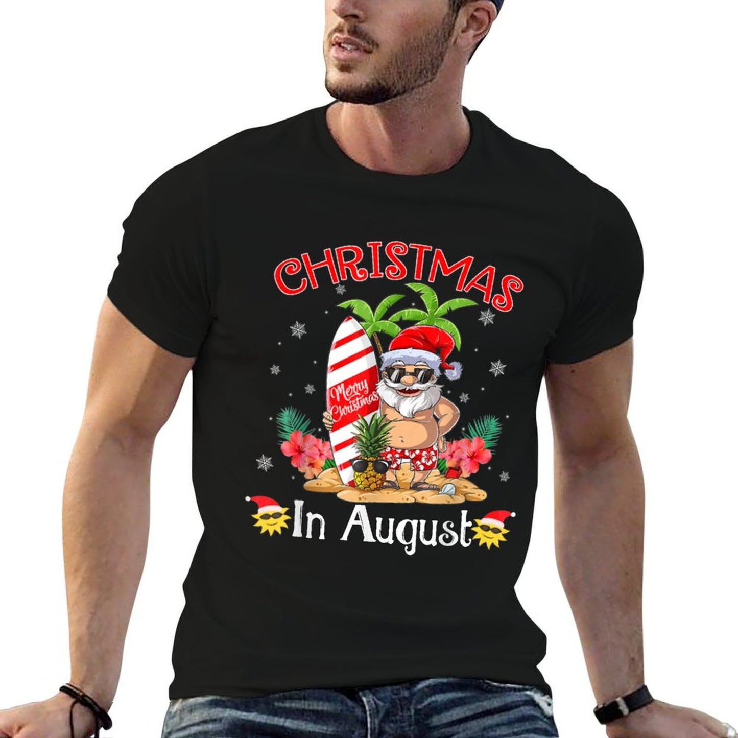 Christmas In August Funny Summer Santa Beach Vacation Heathered Texture T-Shirt