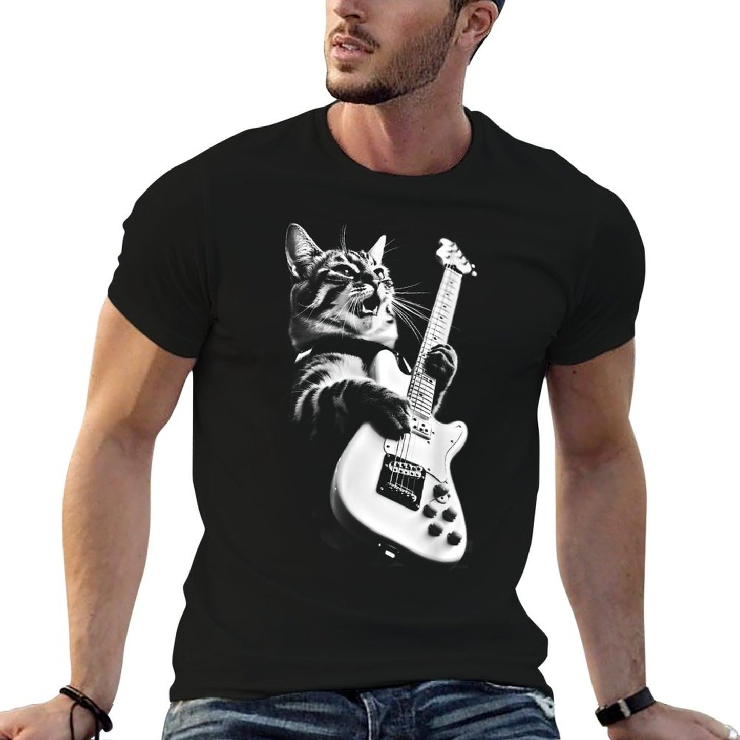 Unknown Designer Rock Cat Playing Guitar - Funny Guitar Cat Relaxed-fit T-Shirt