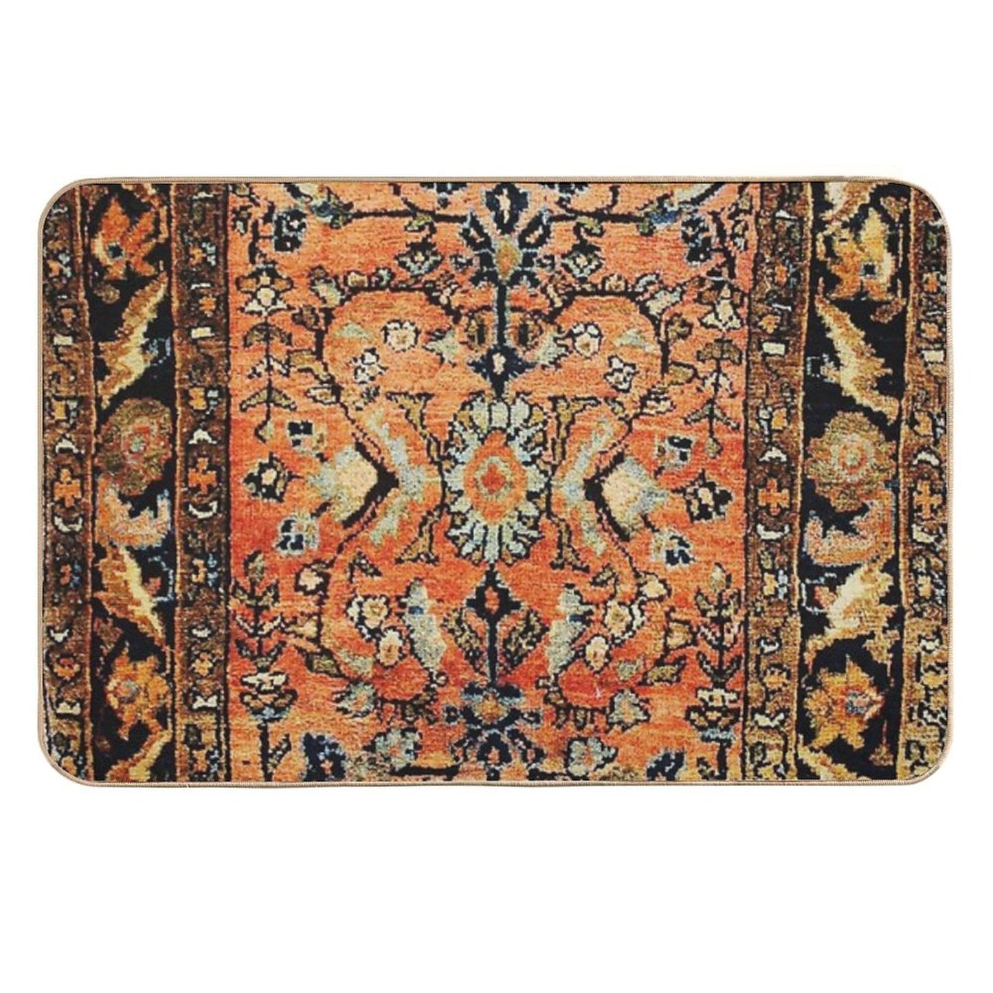 Tabriz Rug Print With Burnt Orange Field Print Easy To Clean Bath Mat