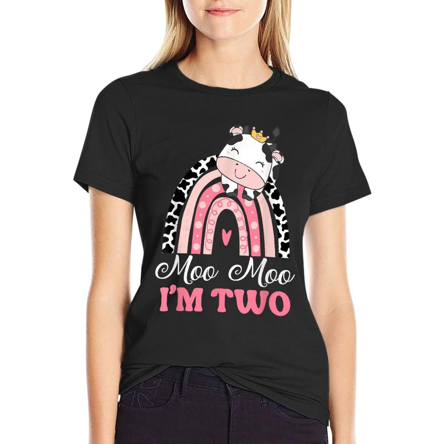 Moo Moo Im Two Birthday Girl Outfit 2nd Bday For Toddler Rolled Sleeves T-Shirt