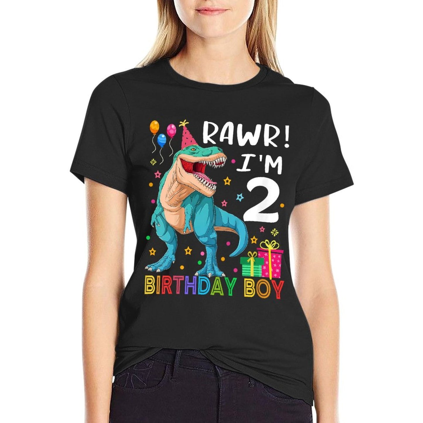 Kids Kids 2 Year Old 2nd Birthday Boy T Rex Dinosaur Oversized Silhouette T-Shirt