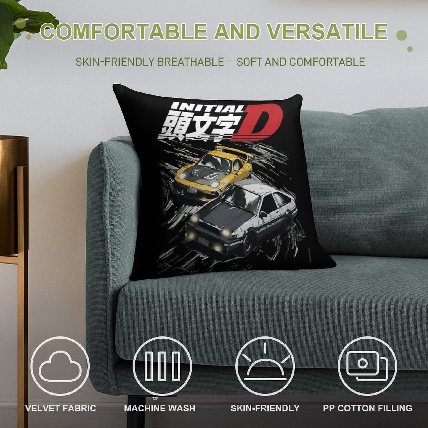 Mountain Drift Racing Initial D Tandems AE86 Vs FD Rx-7 Soft Washable Throw Pillow