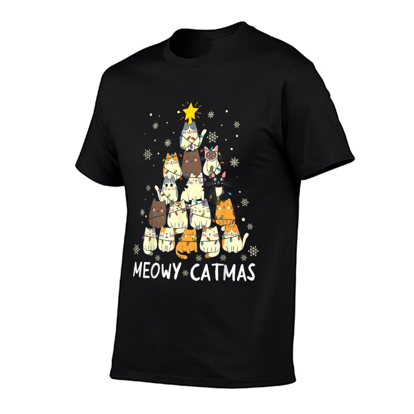Meowy Catmas Cat Christmas Tree Xmas Girls Boys Funny Santa Ribbed Collar T-Shirt