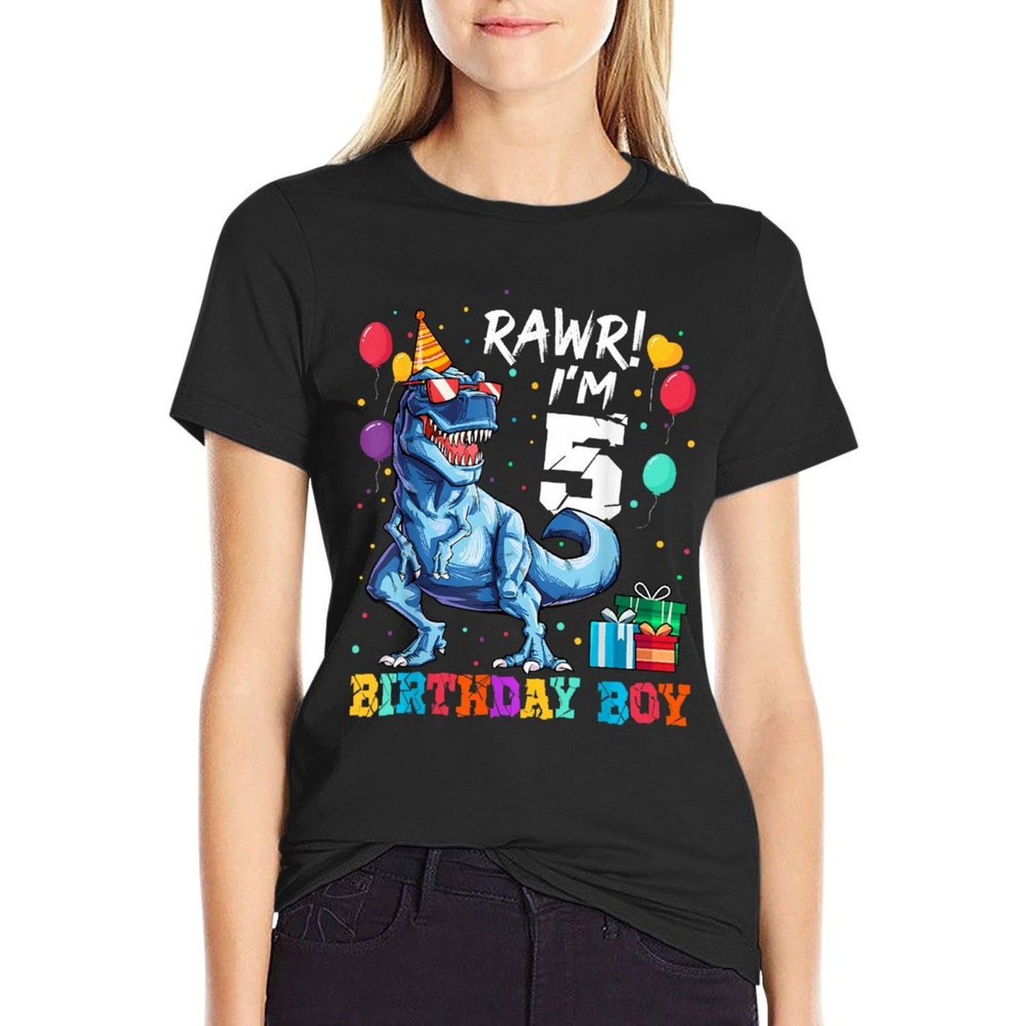 Funny Kids 5 Years Old Happy 5th Birthday Boy T Rex Dinosaur Stretchy T-Shirt