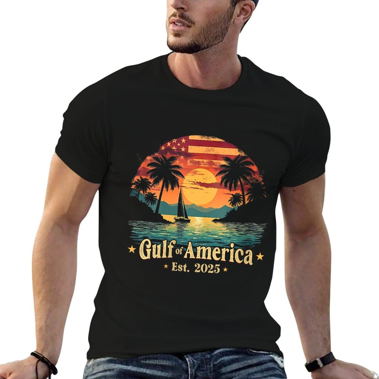 Womens Vintage Gulf Of USA America Funny USA Flag V-Neck High-quality Stitching T-Shirt