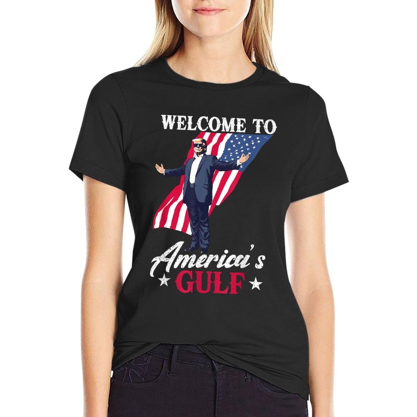 Gulf of USA America Funny USA Flag Ribbed Collar T-Shirt
