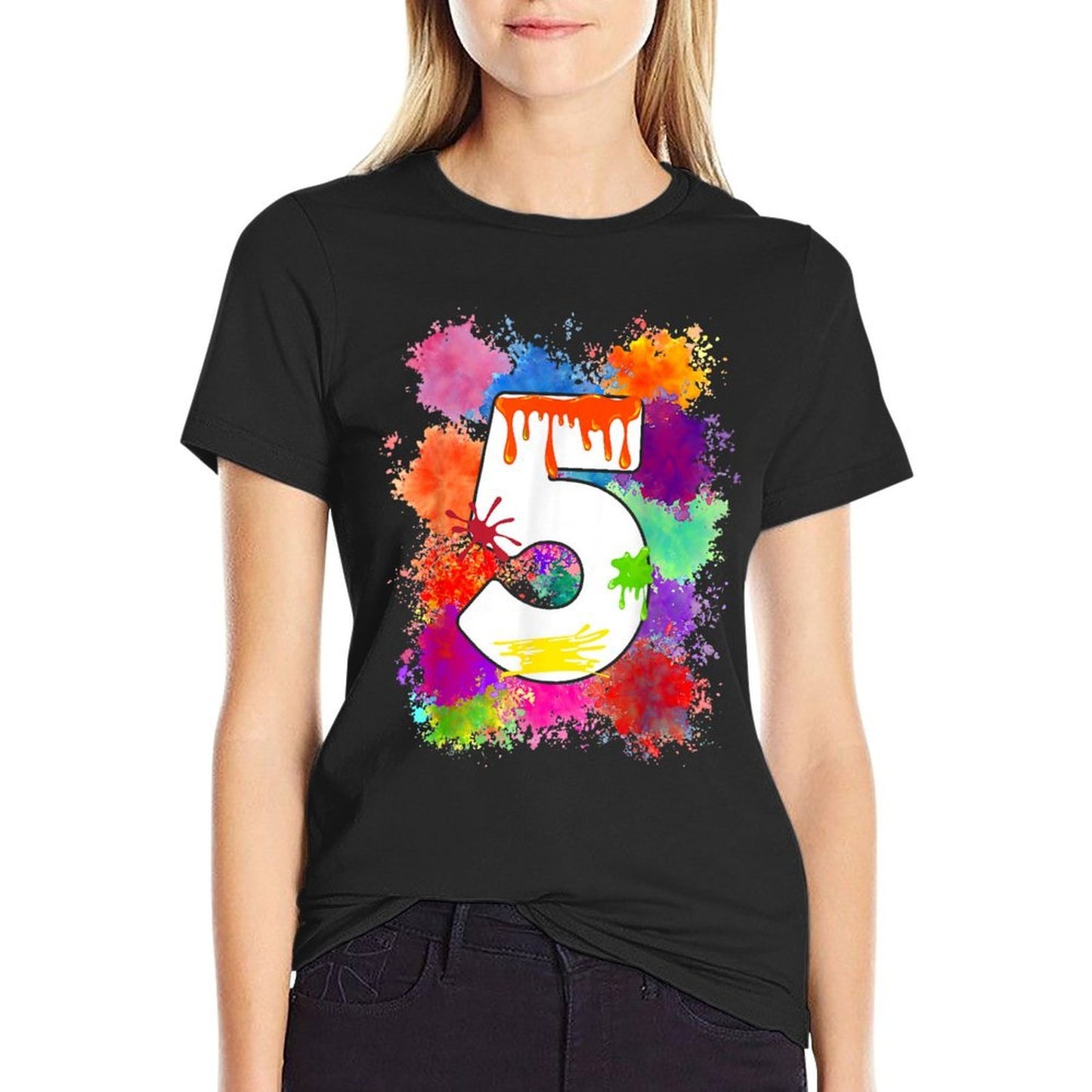 5 Year Old Colorful Splashes 5th Birthday Paint Splash Cotton T-Shirt
