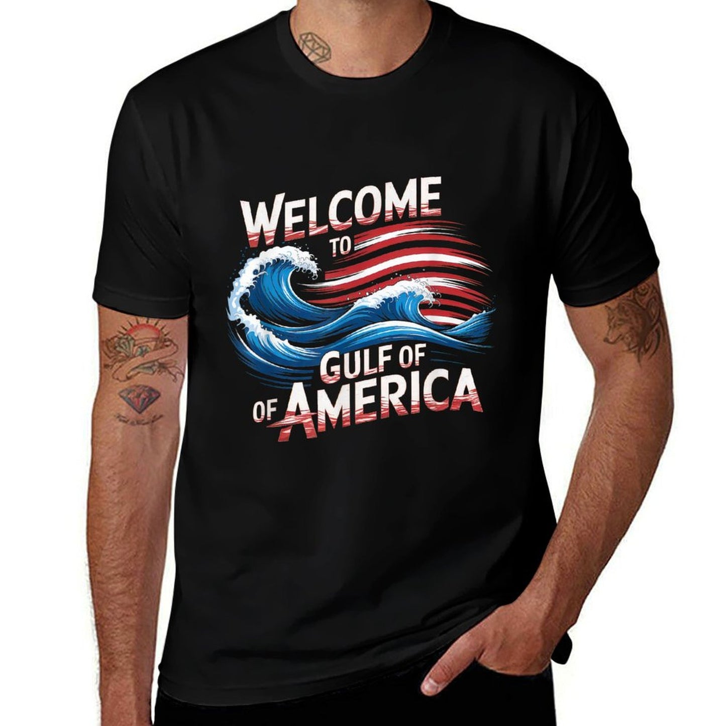 Gulf Of USA America Gift Men Women Flag Beach Ribbed Collar T-Shirt