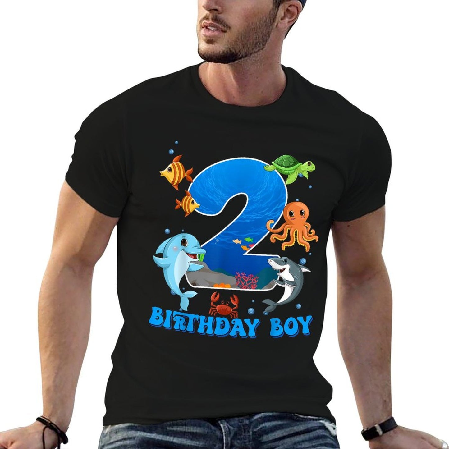 2nd Birthday Party Ocean 2 Year Old Sea Fish Birthday Boy Trendy Pattern T-Shirt