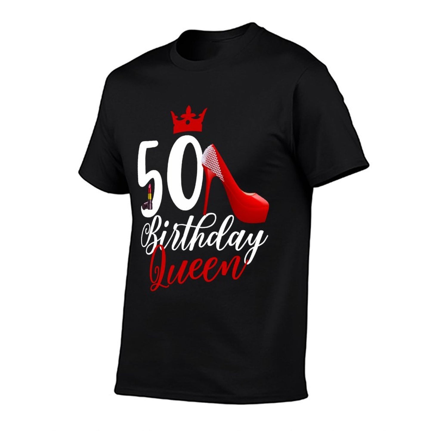 Funny 50th Birthday 50 Birthday Queen Lipstick Stilettos Ribbed Collar T-Shirt