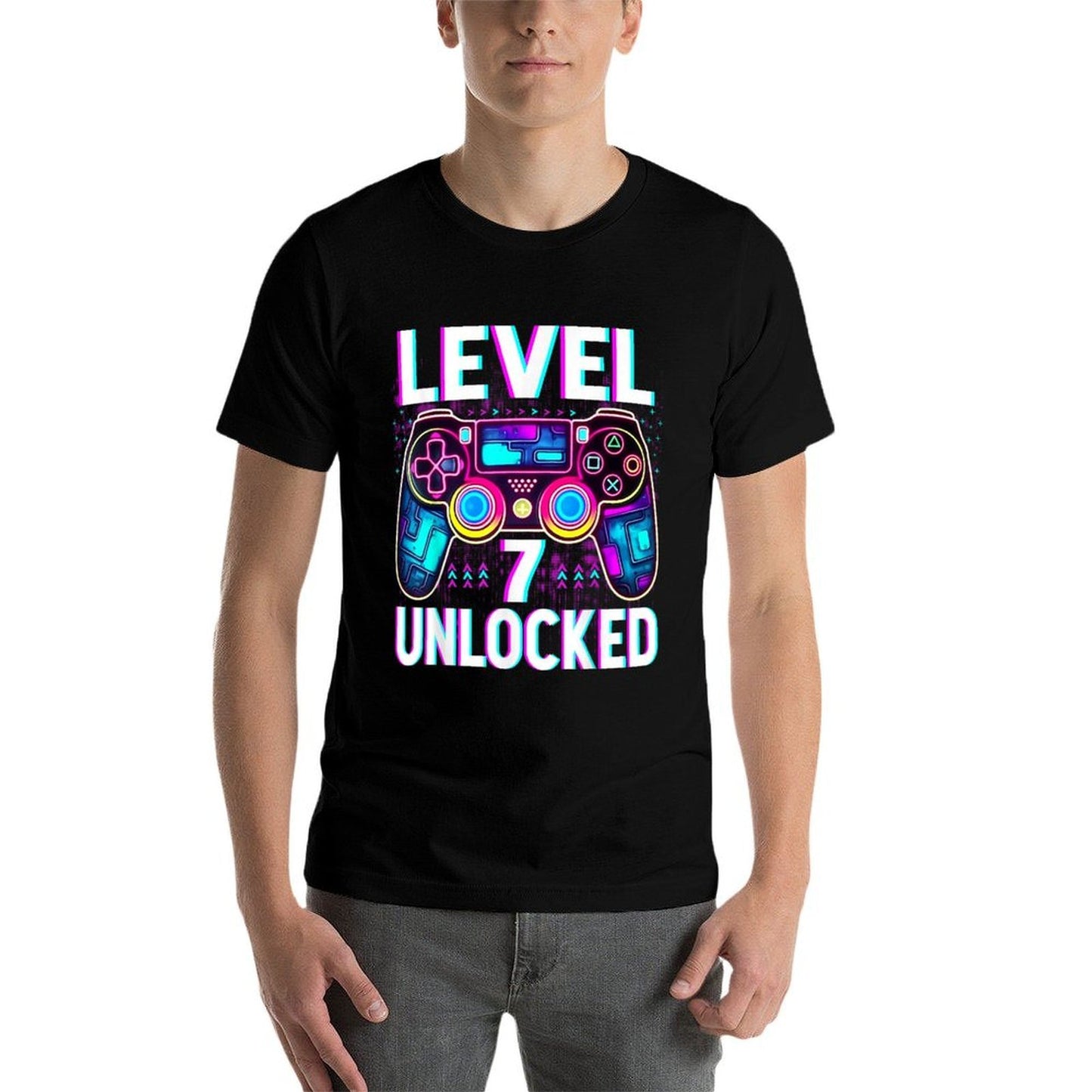 Level 7 Unlocked Funny Video Gamer Geek 7th Birthday Rolled Sleeves T-Shirt