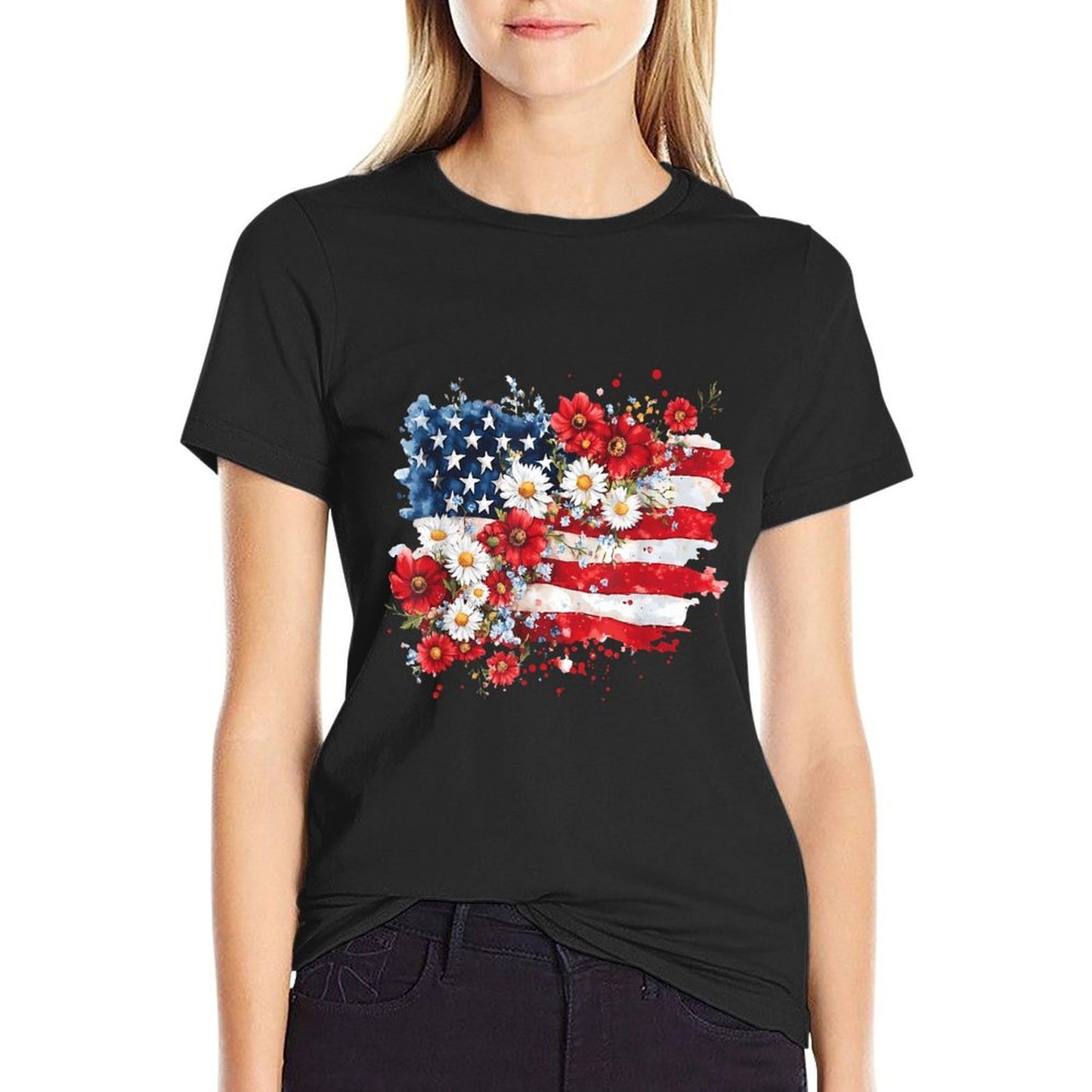 4th of July Floral American Wildflowers Patriotic Women Graphic-printed T-Shirt