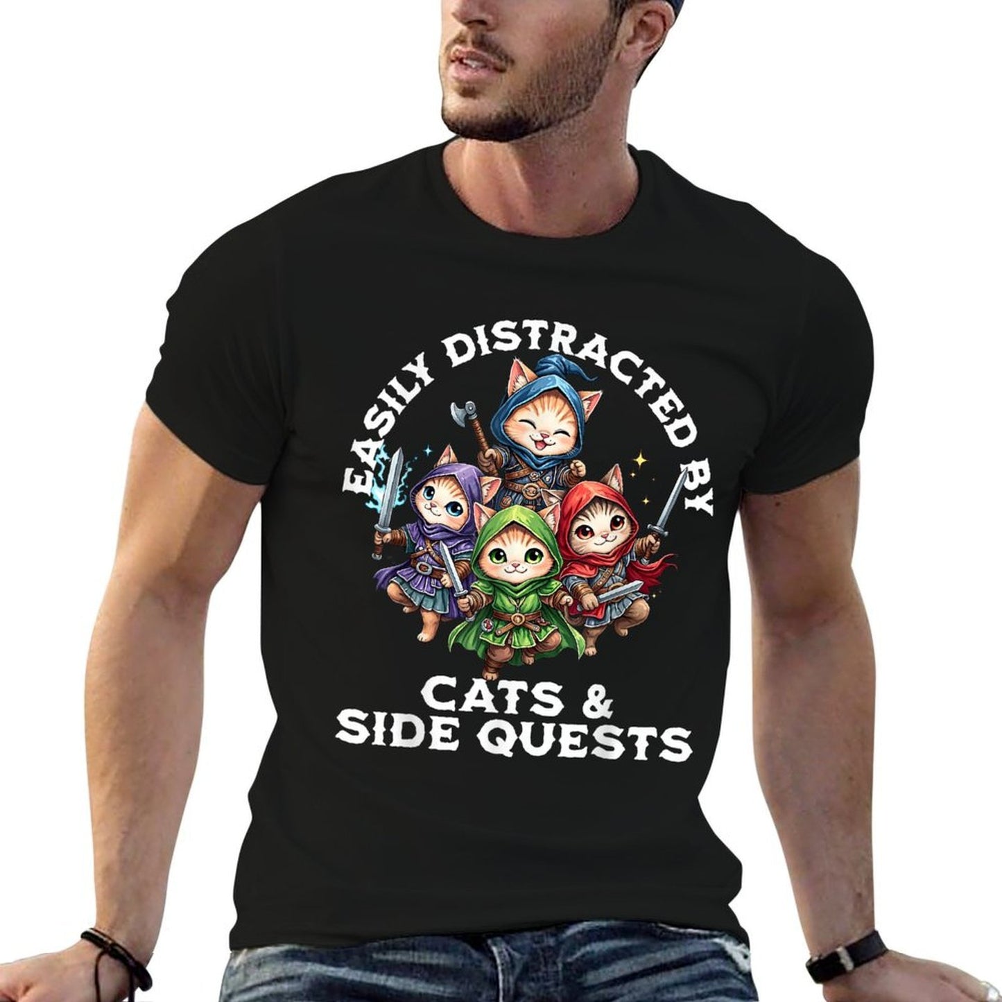 Easily Distracted by Cats And Side Quests Funny Gamer Cat Polyester Blend T-Shirt
