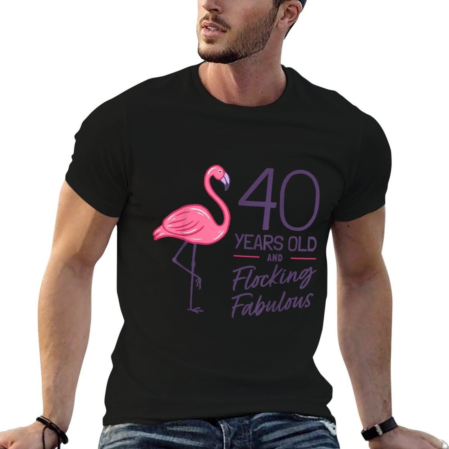 Flamingo Milestone 40 Years Flamingo 40th Birthday Ribbed Collar T-Shirt