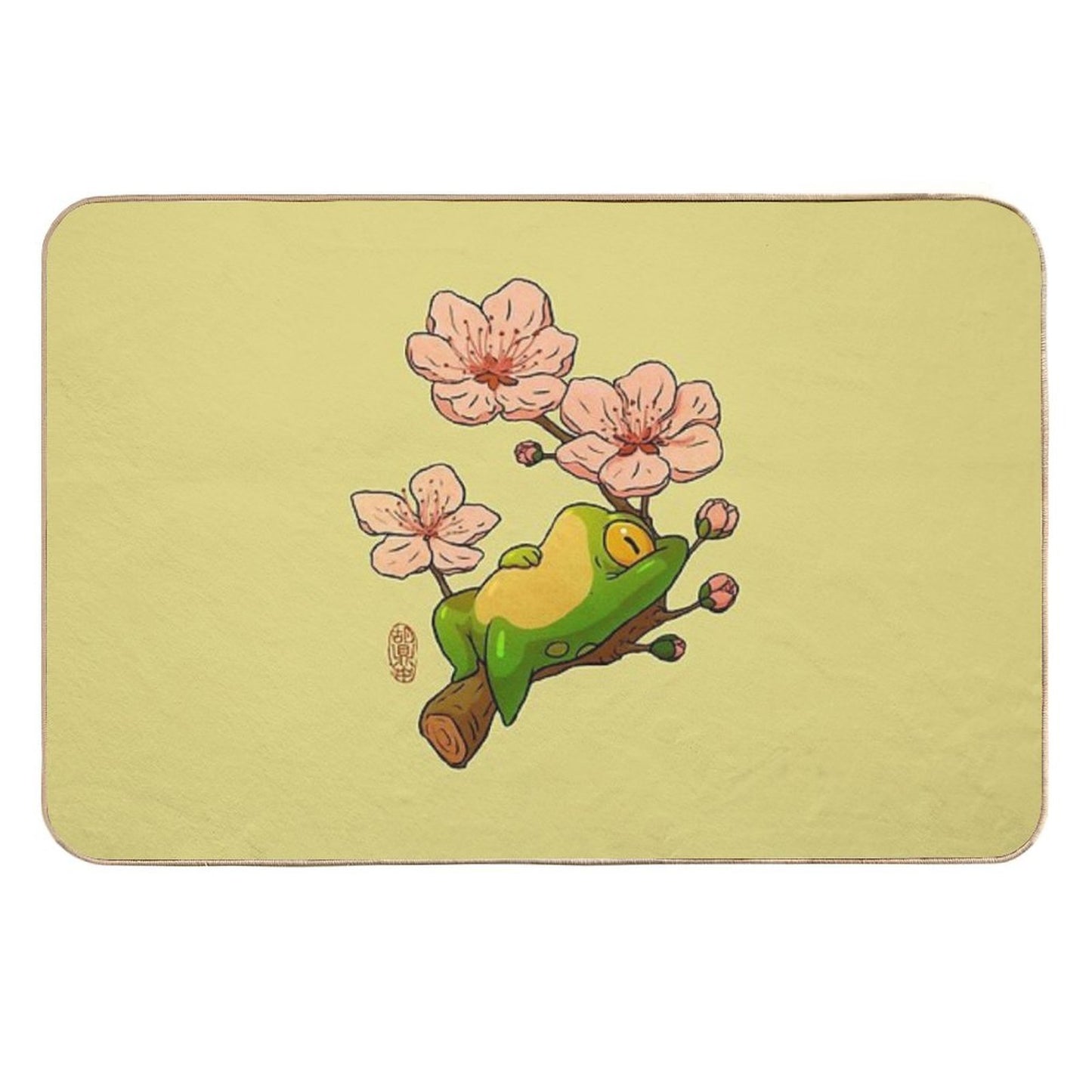 Relaxing Frog on Branch with Cherry Blossoms – Cute Asian Style Frog Illustration Rapid-Drying Bath Mat