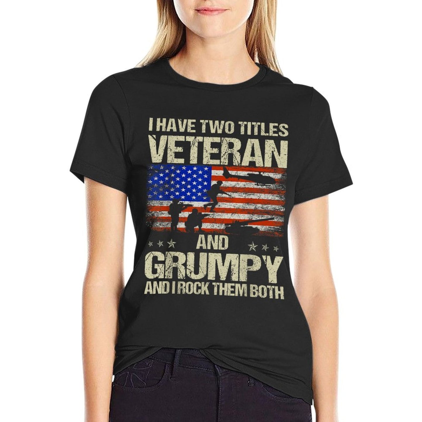 I Have Two Titles Veteran And Grumpy Funny Dad Papa Grandpa Polyester Blend T-Shirt