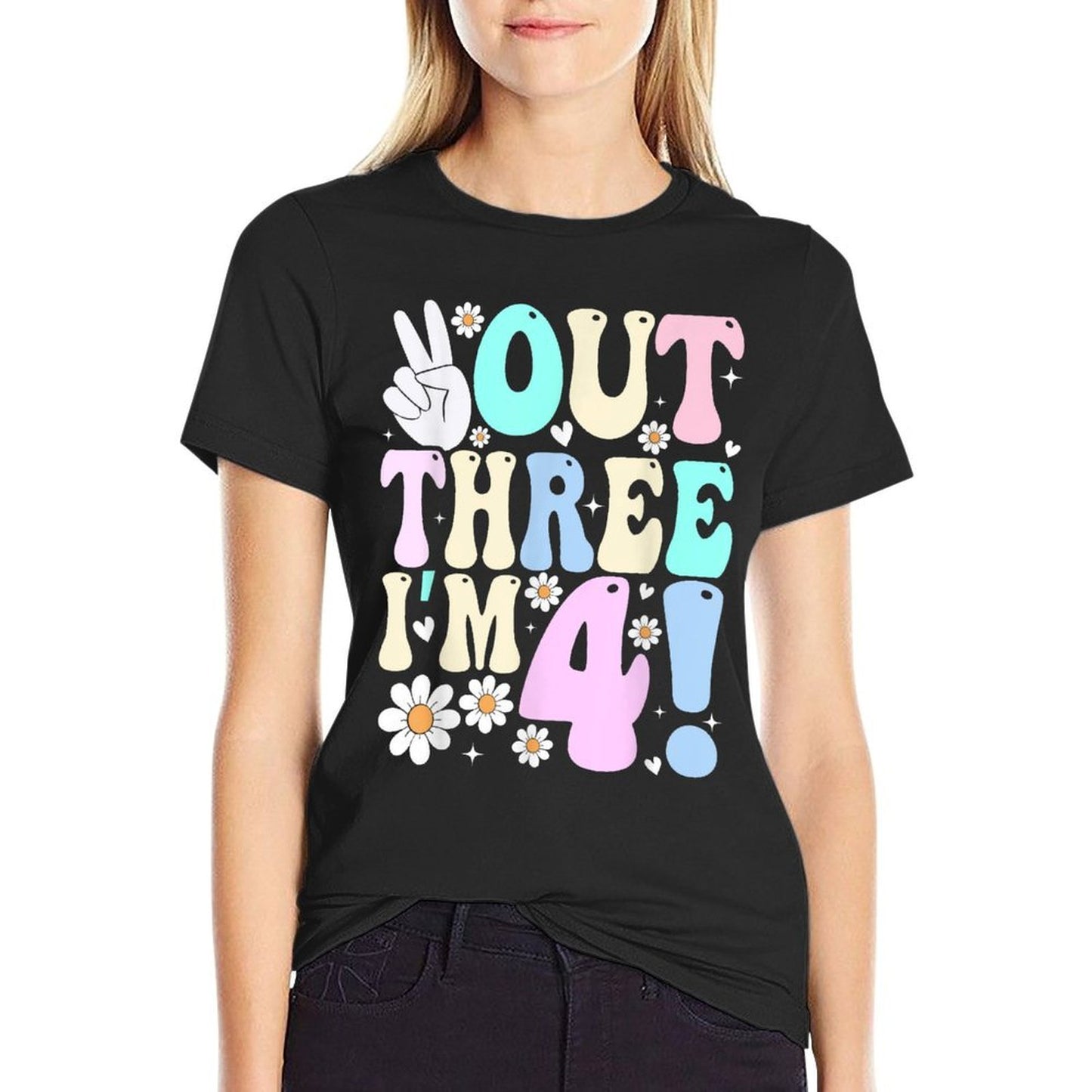 Peace Out Three I'm 4 Four Year Old Girl 4th Birthday Summer-ready Fabric T-Shirt