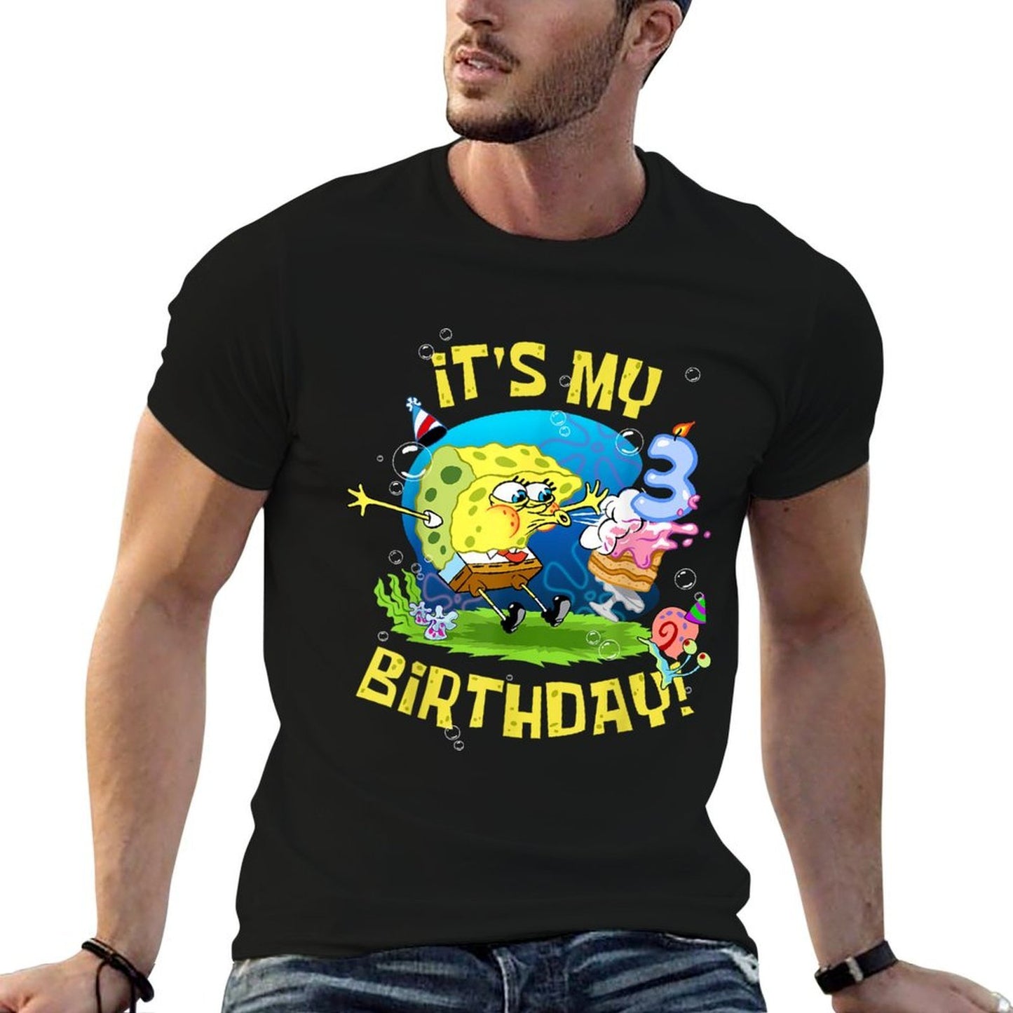Mademark X SpongeBob SquarePants - Spongebob It's My 3rd Birthday Cake Three Years Spongebob Durable T-Shirt