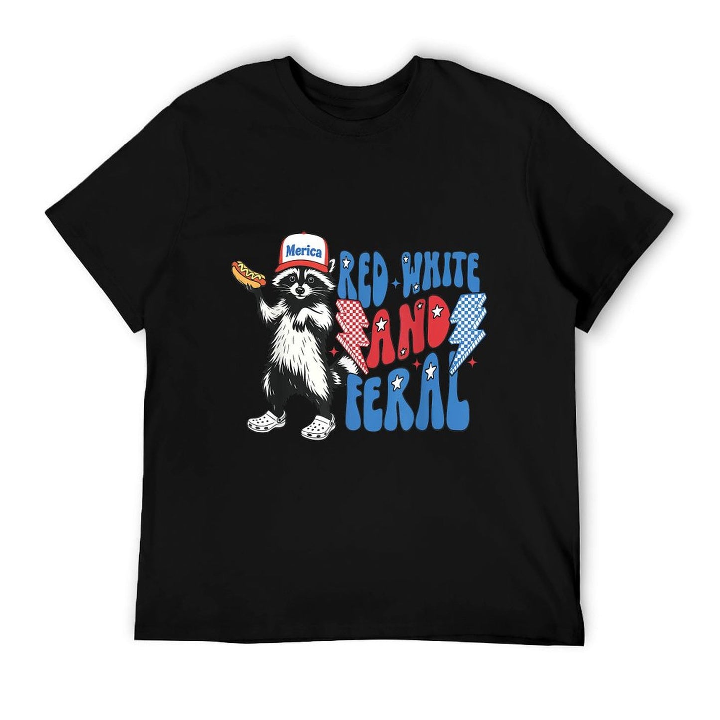 Red White And Feral Funny Raccoon 4th of July Patriotic Eco-friendly Material T-Shirt