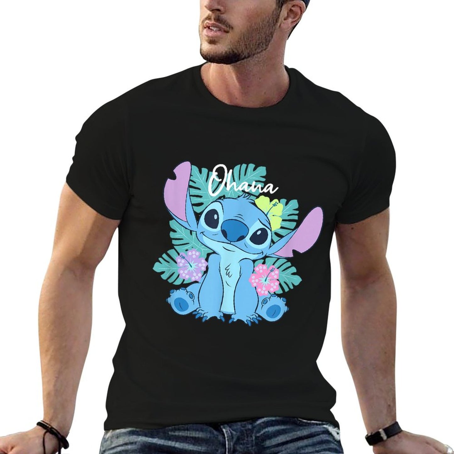 Lilo & Stitch Ohana Adorable Pose Floral Logo Soft T-Shirt