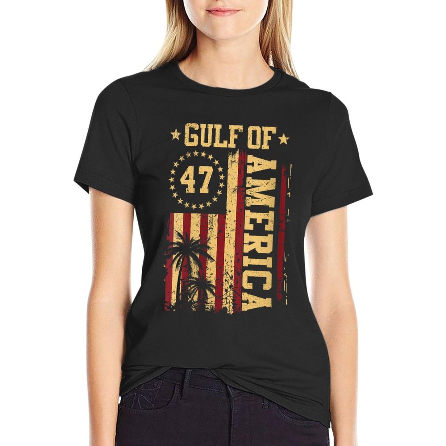 Womens Vintage Gulf Of USA America Funny USA Flag Men Women V-Neck Rolled Sleeves T-Shirt