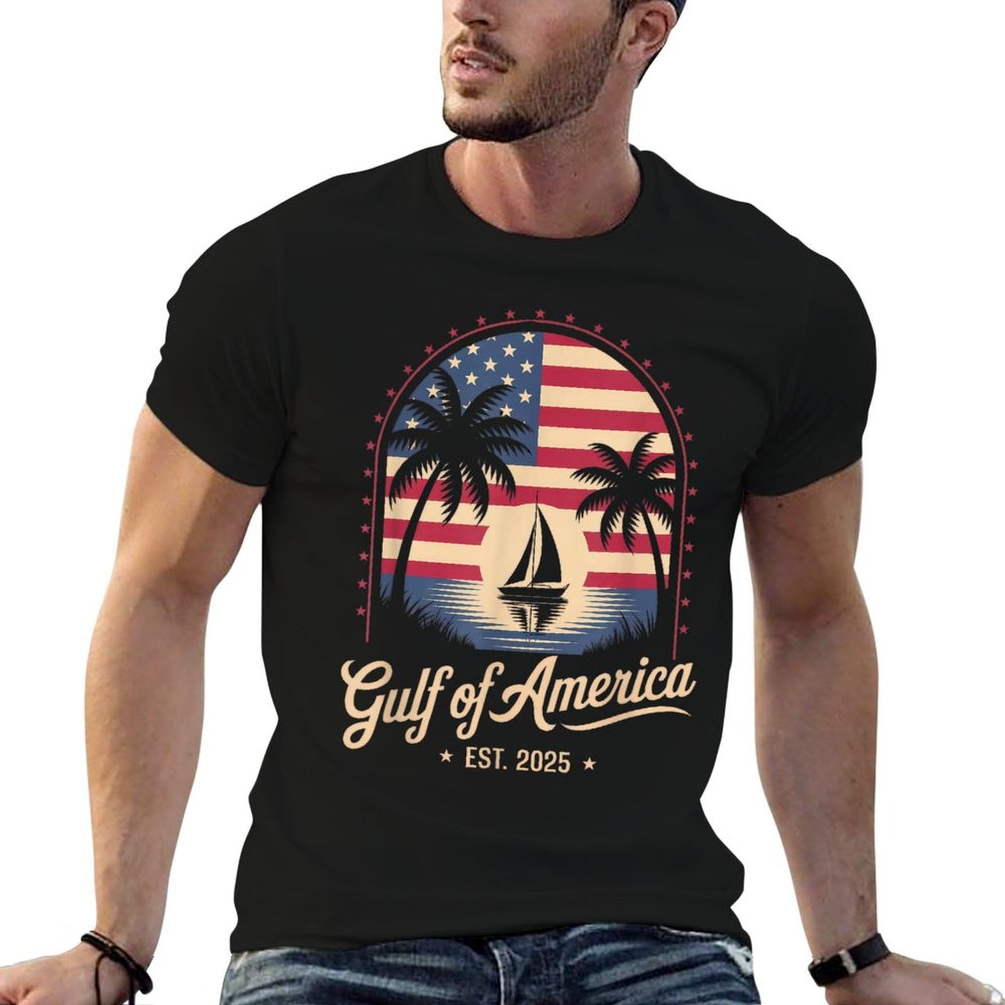 Retro Gulf Of USA America Est 2025 Gulf Mexico American Flag Slim-fit Cut T-Shirt