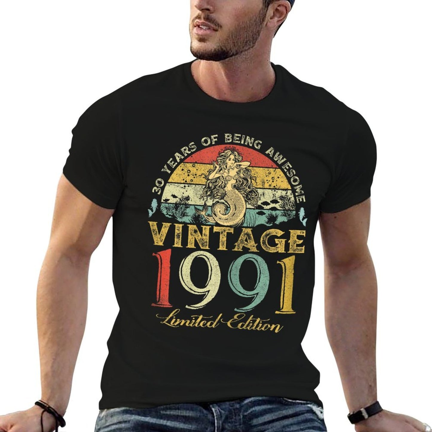 Womens Vintage 1991 Sunset Mermaid 30 Years Old 30th Birthday Tagless Design T-Shirt