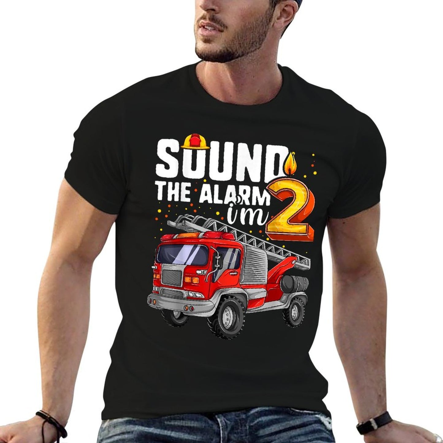 2 Years Old Firetruck, Birthday Toddler Firefighter Heathered Texture T-Shirt