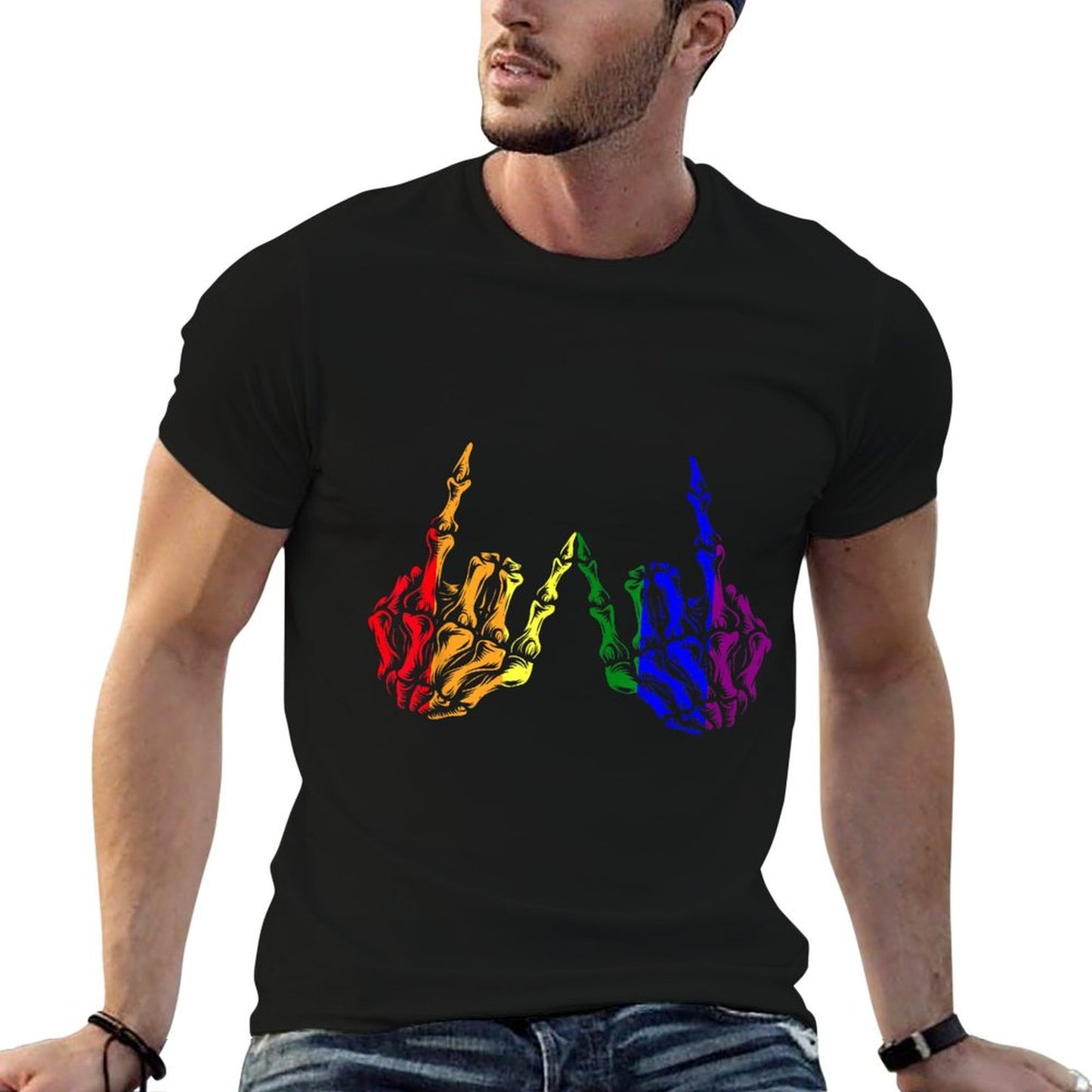Skeleton Rock Hand LGBT-Q Cool Rainbow Gay Pride Ally Heathered Texture T-Shirt