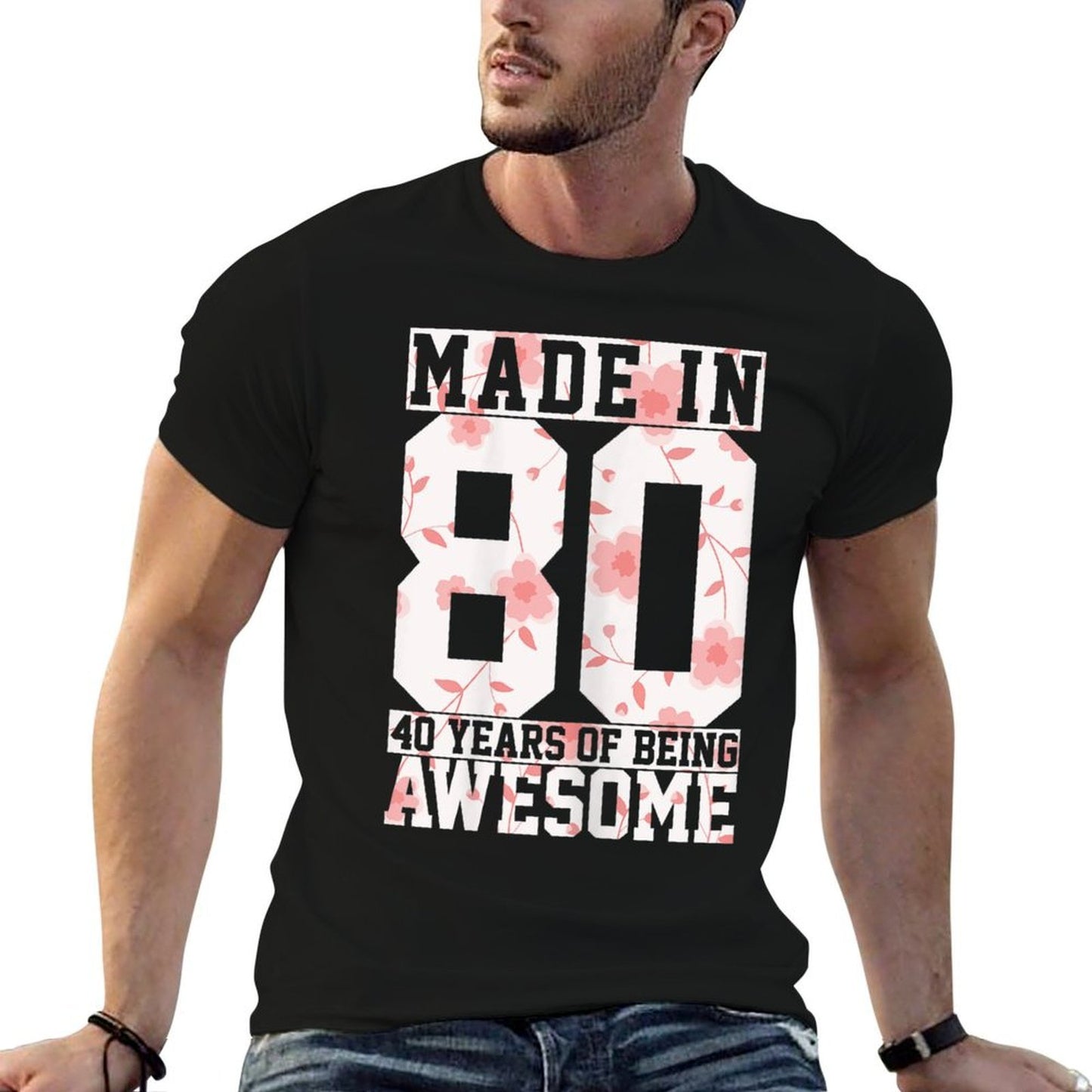 Womens Made In 1980 40th Birthday Gift Vintage Floral Funny 40 Year Polyester Blend T-Shirt