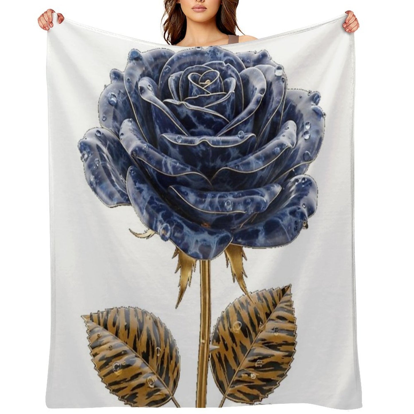 Blue Lapis Lazuli Rose with Golden Tiger Leaves Travel-friendly Throw Blanket