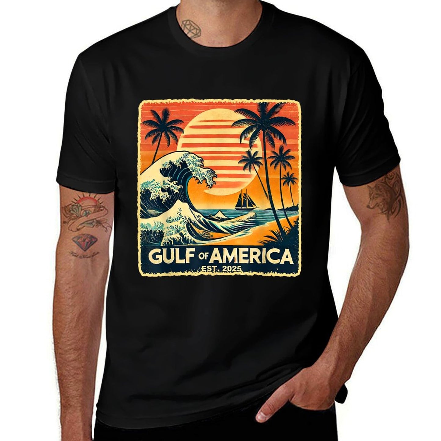 Retro Gulf Of USA America Est 2025 American Flag July 4th Heathered Texture T-Shirt