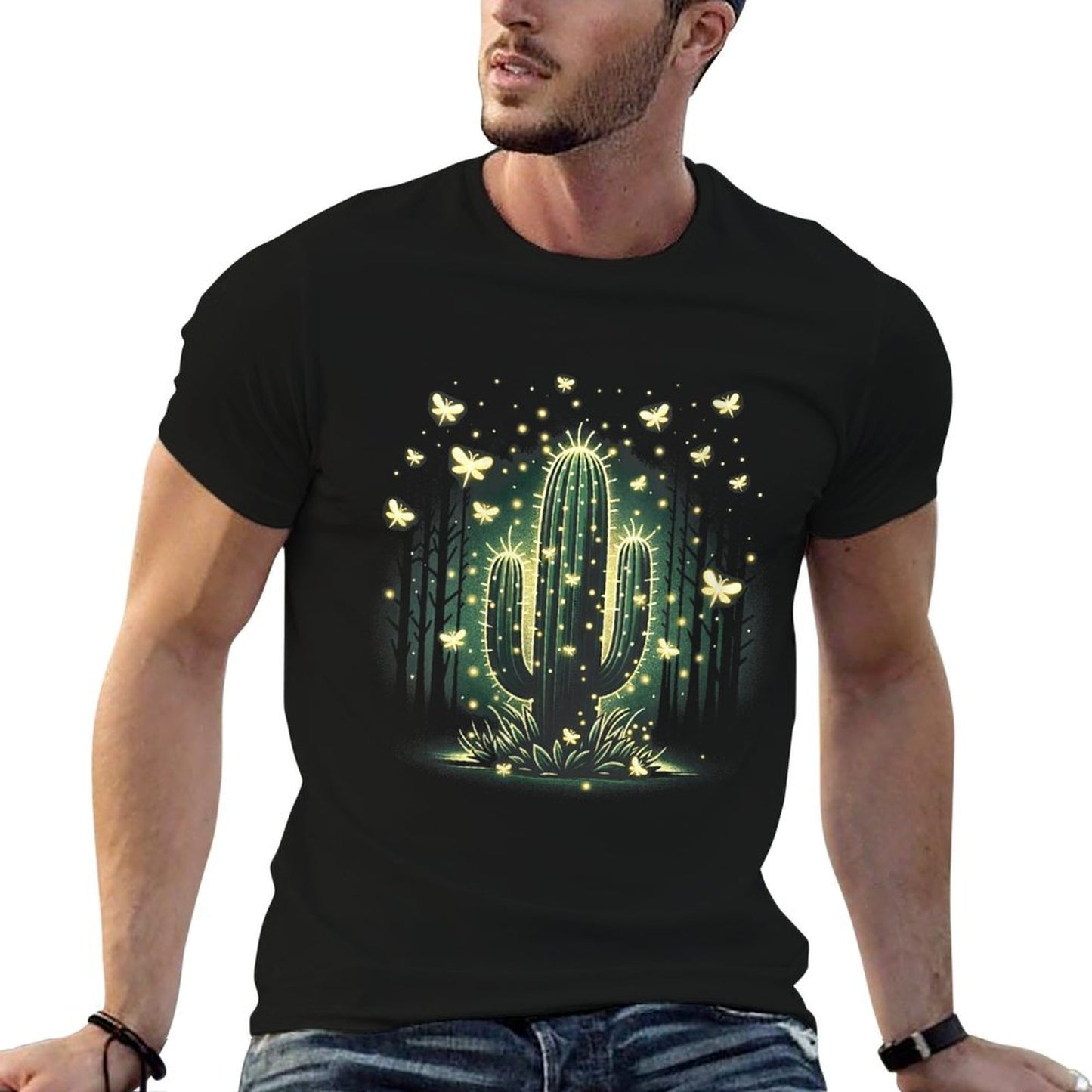 Womens Firefly Glow Cactus - Mystical Forest Night Ribbed Collar T-Shirt