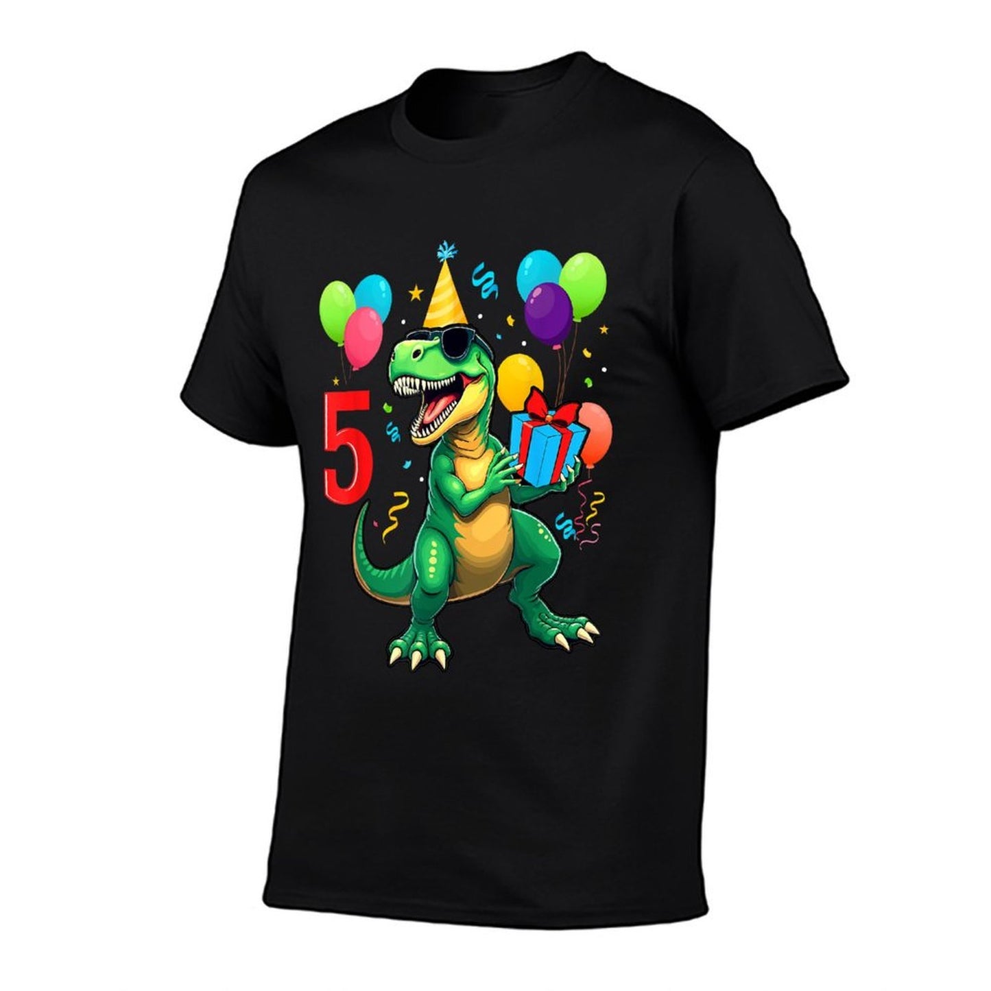 5th Birthday Boy Dinosaur Happy Bday T-rex Party Kids Ribbed Collar T-Shirt