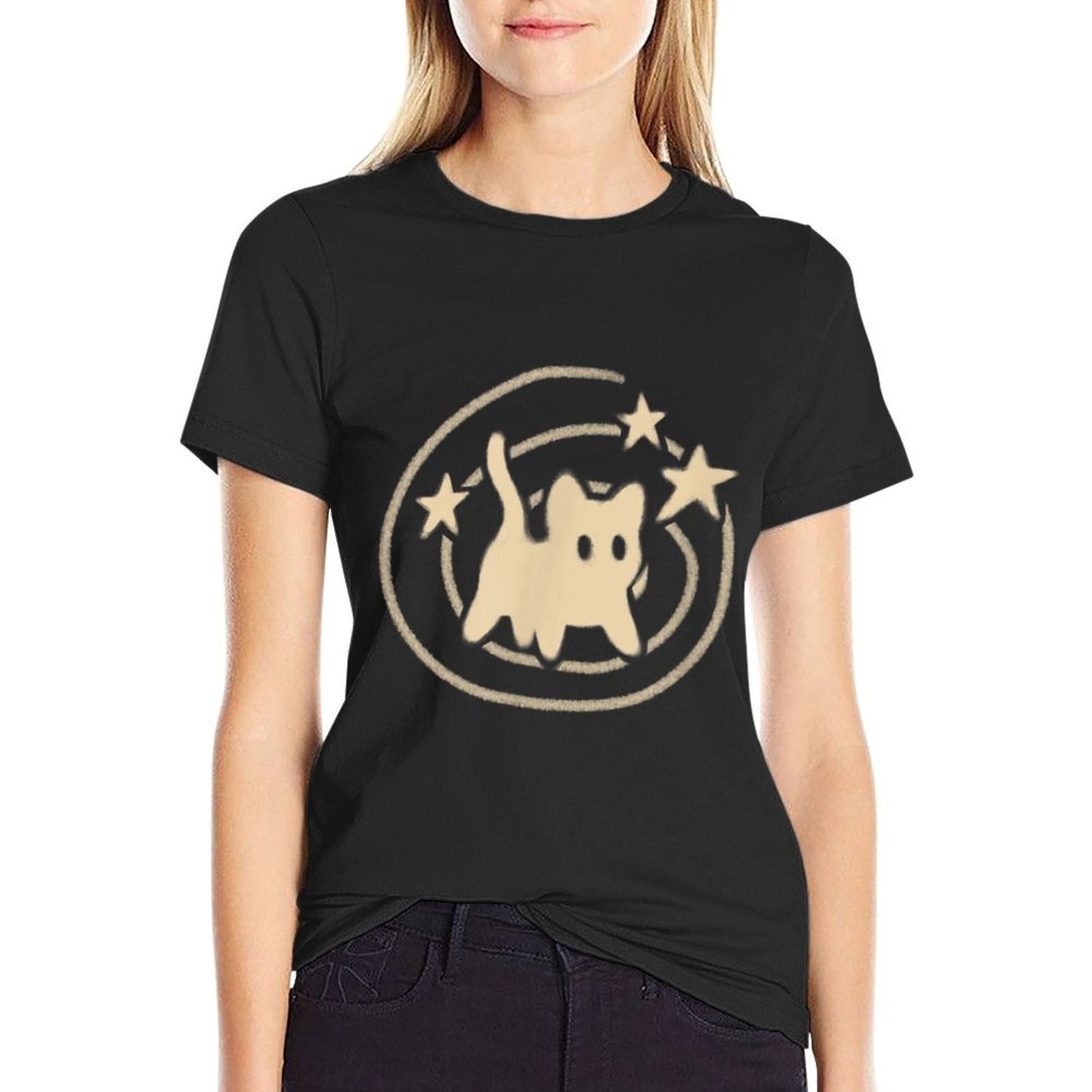 90s Y2K Scary Tomcat Cat Is Scared Under Starry Tail Polyester Blend T-Shirt