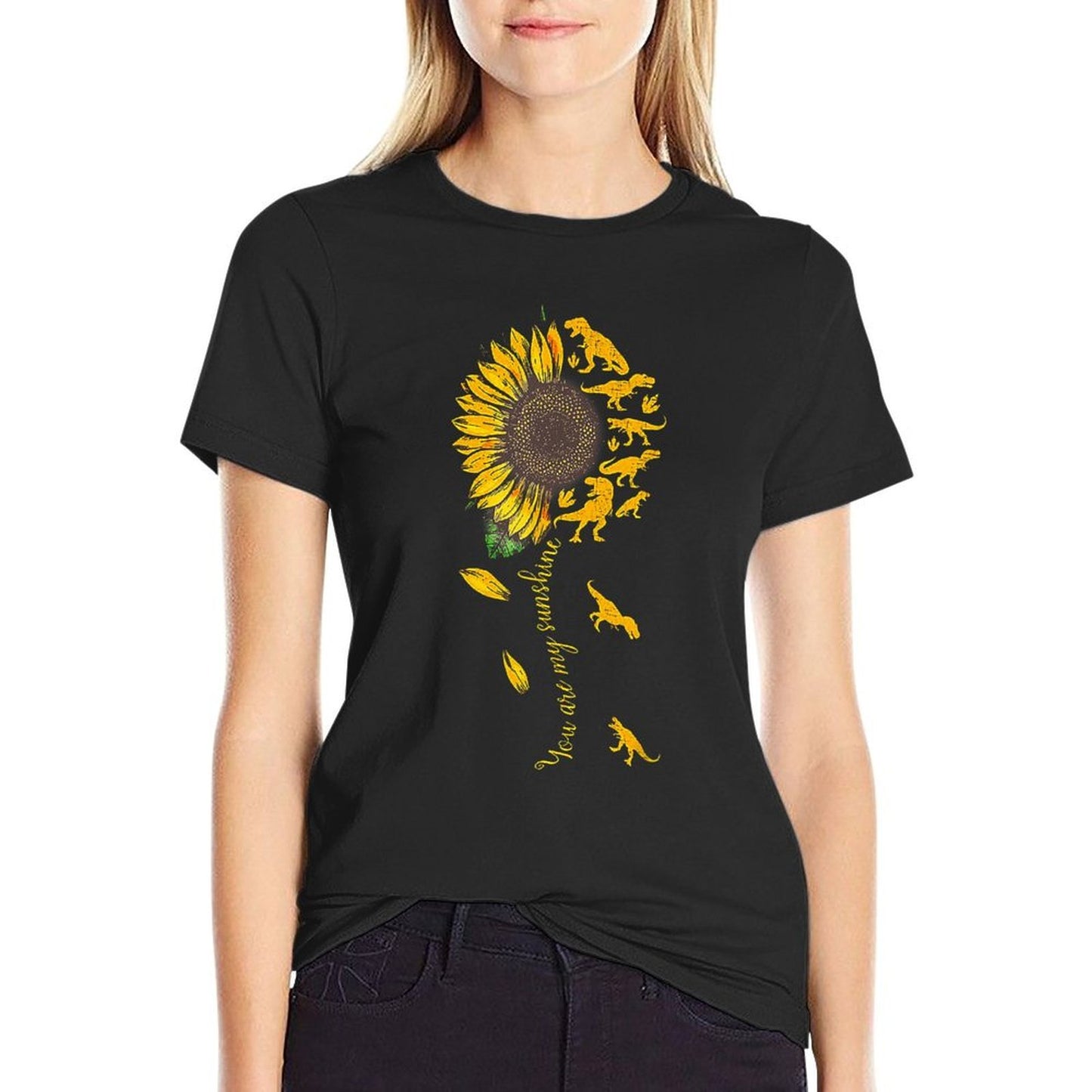 You Are My Sunshine Dinosaur T-rex Sunflower Oversized Silhouette T-Shirt
